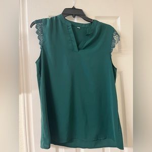 Milumia Women's Notch V Neck Sleeveless Blouse Guipure Lace Work  Dark Green